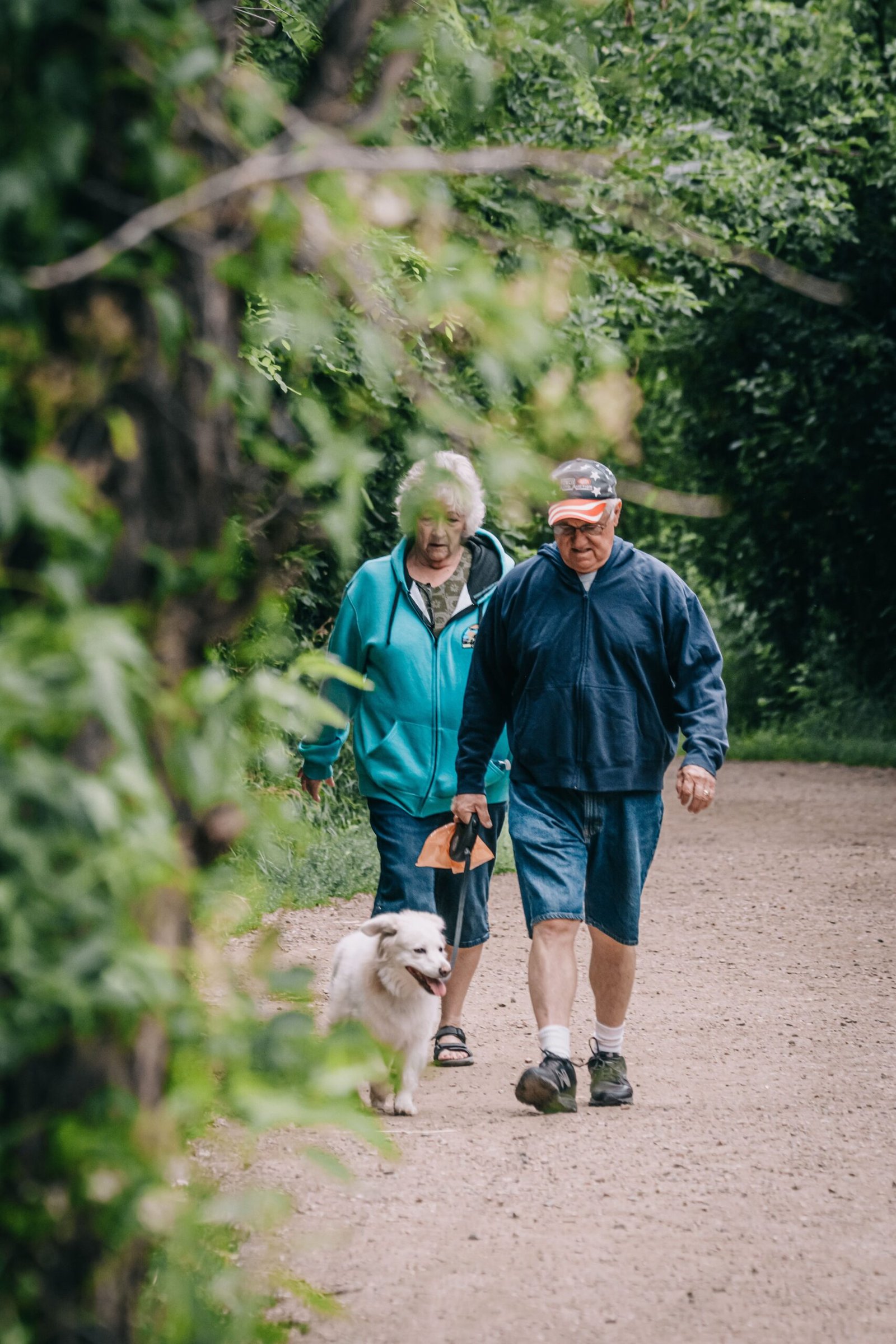 Elderly couple walking a dog together in a park