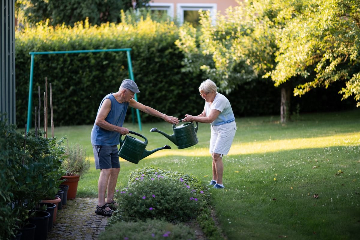 Senior couple watering plants together in their summer garden