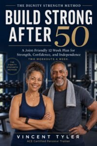 Build Strong After 50 book cover — a man and woman in their 50s and 60s smiling in a gym setting