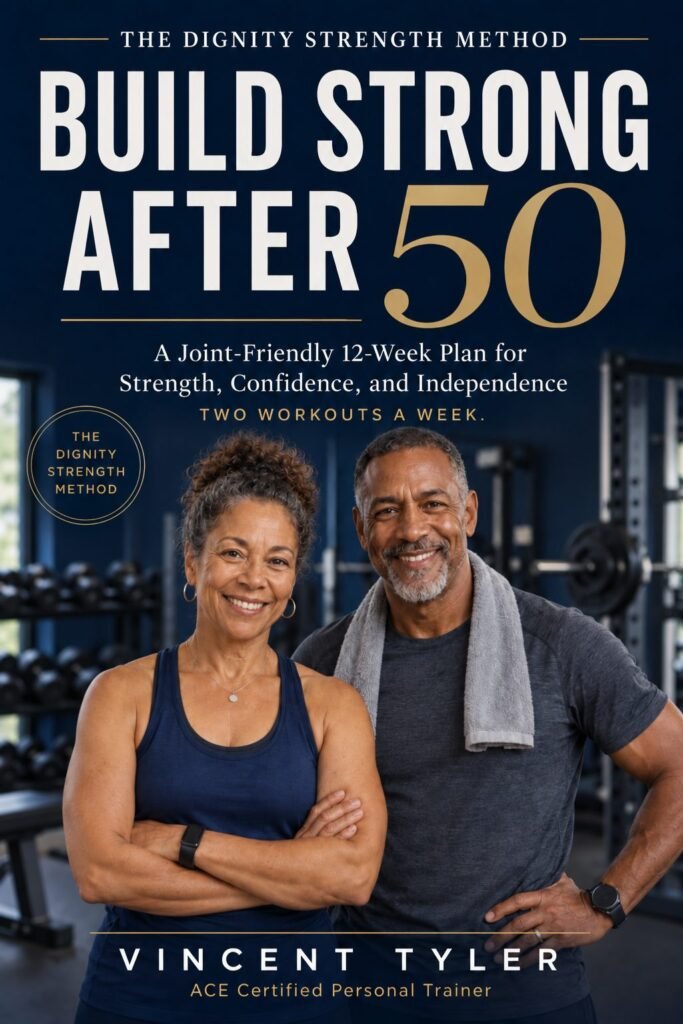 Build Strong After 50 book cover — a man and woman in their 50s and 60s smiling in a gym setting