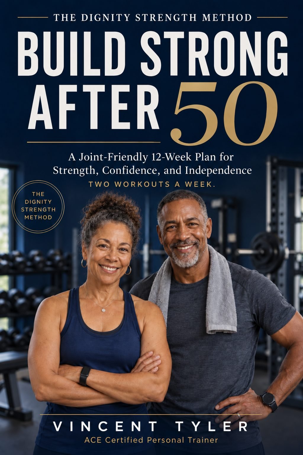 Build Strong After 50 book cover — a man and woman in their 50s and 60s smiling in a gym setting