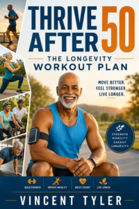 Thrive After 50 book cover — a smiling older man in a blue tank top with strength, mobility, energy and longevity icons