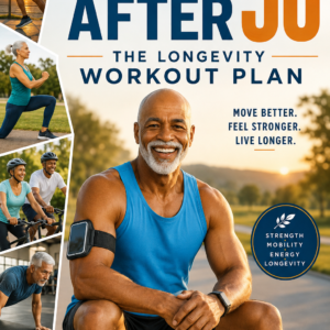 Thrive After 50 book cover — a smiling older man in a blue tank top with strength, mobility, energy and longevity icons