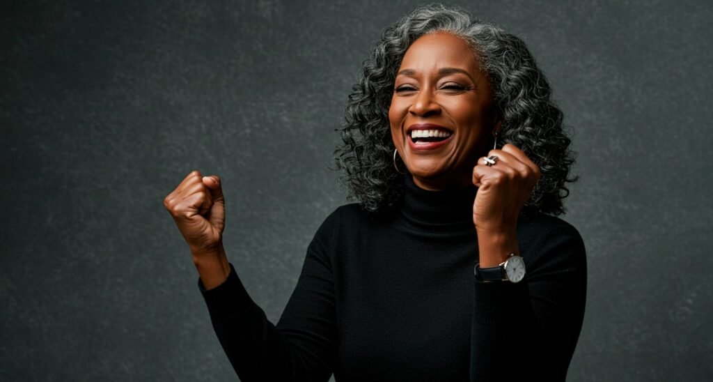 Smiling older Black woman with gray curly hair raising her fists in celebration