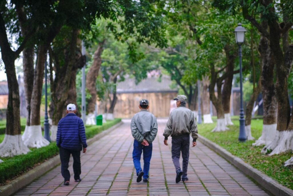 Three older men walking together along a tree-lined park path